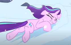 Size: 962x613 | Tagged: safe, screencap, starlight glimmer, pony, unicorn, g4, the ending of the end, cropped, eyes closed, horn, snow, solo