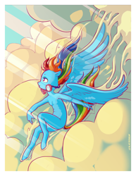 Size: 1640x2126 | Tagged: safe, artist:starvingunicorn, rainbow dash, pegasus, anthro, unguligrade anthro, g4, artistic nudity, barbie doll anatomy, breasts, casual nudity, cloud, delicious flat chest, featureless breasts, female, nudity, rainbow flat, solo