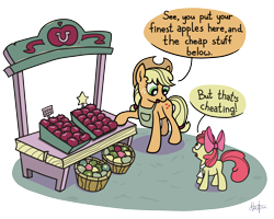 Size: 2400x1920 | Tagged: safe, artist:mafon, apple bloom, applejack, earth pony, pony, g4, apple, apple sisters, atg 2024, dialogue, duo, duo female, female, filly, foal, food, fruit stand, high res, mare, newbie artist training grounds, siblings, simple background, sisters, speech bubble, transparent background