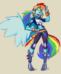 Size: 2406x2935 | Tagged: safe, artist:shadowhawx, rainbow dash, human, g4, beige background, belly, belly button, breasts, elf ears, fit, goggles, goggles on head, green eyes, hand on hip, high res, humanized, large wings, midriff, open mouth, peace sign, ponytail, simple background, slender, solo, thin, winged humanization, wings, wrong eye color