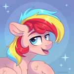 Size: 1829x1818 | Tagged: safe, artist:skysorbett, oc, oc only, oc:cloud mellow, pegasus, pony, abstract background, bust, gradient background, looking at you, male, open mouth, open smile, pegasus oc, portrait, smiling, solo, stallion