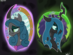 Size: 2994x2254 | Tagged: safe, artist:walt121, queen chrysalis, changeling, changeling queen, g4, bust, glasses, horn, loving chrysalis, mirror, mirror universe, reversalis