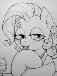 Size: 3072x4096 | Tagged: safe, artist:public mistake, rarity, pony, unicorn, bedroom eyes, blush lines, blushing, bust, female, glass, grayscale, hoof on chin, horn, jewelry, lipstick, looking at you, mare, monochrome, necklace, pearl necklace, pencil drawing, smiling, smiling at you, solo, traditional art, wine glass, wip