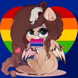 Size: 1397x1397 | Tagged: safe, artist:yomechka, oc, oc only, oc:ondrea, pegasus, pony, bisexual, bisexual pride flag, blue background, chibi, cute, female, flag, gay pride flag, heart, mare, pride, pride flag, pride month, simple background, skull, tribal markings