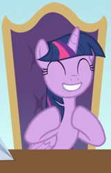 Size: 580x900 | Tagged: safe, screencap, twilight sparkle, alicorn, pony, a horse shoe-in, g4, season 9, chair, cute, eyes closed, female, happy, mare, napkin, office chair, smiling, solo, twiabetes, twilight sparkle (alicorn)