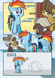 Size: 1920x2715 | Tagged: safe, artist:alexdti, dumbbell, hoops, rainbow dash, pegasus, pony, comic:how we met (italian), g4, female, filly, filly rainbow dash, foal, implied fluttershy, italian, onomatopoeia, outline, raspberry, raspberry noise, tongue out, younger