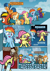 Size: 1920x2715 | Tagged: safe, artist:alexdti, dumbbell, fluttershy, hoops, rainbow dash, oc, oc:kayla goldenwing, oc:lightning rider, oc:purple creativity, pegasus, pony, comic:how we met (italian), g4, crying, female, filly, filly fluttershy, filly rainbow dash, foal, italian, younger