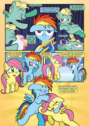 Size: 1920x2715 | Tagged: safe, artist:alexdti, artist:v-nico, fluttershy, rainbow dash, zephyr breeze, pegasus, pony, comic:how we met (italian), g4, bouquet, bouquet of flowers, colt, colt zephyr breeze, female, filly, filly fluttershy, filly rainbow dash, flower, flower in mouth, foal, italian, male, mouth hold, rose, rose in mouth, unamused, younger
