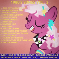 Size: 1080x1080 | Tagged: safe, artist:uxyd, edit, editor:jaredking779, cheerilee, earth pony, pony, g4, 80s, 80s cheerilee, album cover, bracelet, braces, eyes closed, female, glowpaz, glowstick, jewelry, mare, open mouth, solo