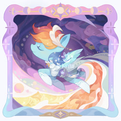 Size: 2224x2224 | Tagged: safe, artist:koyii-kong, part of a set, rainbow dash, bird, fish, pegasus, pony, g4, boots, clothes, dress, eyes closed, female, flower, flying, frame, high res, mare, picture frame, shoes, signature, smiling, solo, spread wings, watermark, wings