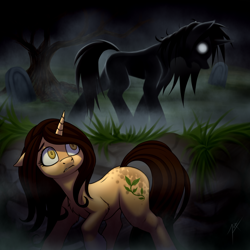 Size: 2000x2000 | Tagged: safe, artist:zetamad, oc, oc only, pony, shadow pony, unicorn, atg 2024, gravestone, hiding, horn, newbie artist training grounds, scared