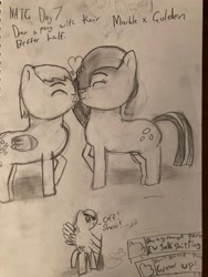 Size: 3024x4032 | Tagged: safe, artist:goldenmidnight, marble pie, oc, oc:golden midnight, earth pony, pegasus, pony, g4, atg 2024, canon x oc, heart, kissing, newbie artist training grounds, traditional art