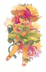 Size: 1286x2000 | Tagged: safe, artist:saxopi, sunny starscout, earth pony, semi-anthro, g5, arm hooves, belly button, choker, clothes, female, flower, hat, hoof on hip, mare, midriff, open mouth, open smile, simple background, skirt, smiling, solo, sun hat, sunflower, white background