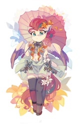 Size: 1290x2000 | Tagged: safe, artist:saxopi, zipp storm, pegasus, semi-anthro, g5, arm hooves, belly button, clothes, eyebrows, eyebrows visible through hair, female, flower, flower in hair, frog (hoof), mare, midriff, parasol (umbrella), simple background, skirt, stockings, thigh highs, underhoof, white background
