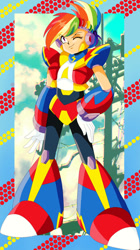 Size: 750x1339 | Tagged: safe, artist:rockmangurlx, rainbow dash, gynoid, human, robot, g4, armor, female, hand on hip, humanized, looking at you, mega man (series), megaman x, one eye closed, reploid, wink, winking at you