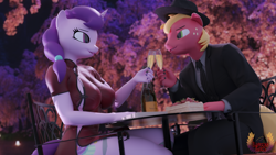 Size: 3840x2160 | Tagged: safe, alternate character, alternate version, artist:loveslove, big macintosh, sugar belle, earth pony, unicorn, anthro, g4, 3d, alcohol, blurry background, braless, breasts, busty sugar belle, champagne, champagne glass, clothes, commission, date, dress, drink, duo, duo male and female, female, food, glass, hat, high res, horn, looking at each other, looking at someone, male, nail polish, no panties, no underwear, ship:sugarmac, shipping, sitting, strawberry, wine, wine glass, wings, ych result