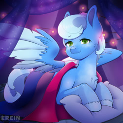 Size: 2000x2000 | Tagged: safe, alternate character, alternate version, artist:erein, oc, oc only, oc:cerulean skies, pegasus, pony, bedroom, bisexual, bisexual pride flag, blue fur, cheek fluff, chest fluff, commission, ears up, flag, garland, green eyes, high res, indoors, lgbt, looking at you, male, night, pegasus oc, pillow, pride, pride flag, pride month, room, smiling, smiling at you, solo, spread wings, string lights, tail, wings, ych result