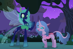 Size: 4302x2900 | Tagged: safe, artist:cookie-ruby, queen chrysalis, oc, changedling, changeling, changeling queen, g4, base used, canterlot gardens, changeling oc, duo, not izzy moonbow, ponysona, purified chrysalis