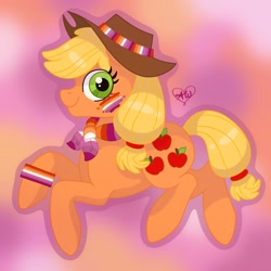 Size: 2048x2048 | Tagged: safe, artist:alidraws, applejack, earth pony, pony, g4, 2022, clothes, face paint, female, gradient background, lesbian, lesbian pride flag, outline, pride, pride flag, scarf, signature, smiling
