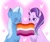 Size: 2048x1708 | Tagged: safe, artist:sleepybooo, starlight glimmer, trixie, beanbrows, blushing, cute, duo, eyebrows, female, heart, lesbian, lesbian pride flag, mouth hold, pride, pride flag, ship:startrix, shipping, smiling