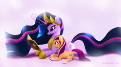 Size: 2533x1400 | Tagged: safe, artist:darksly, sunny starscout, twilight sparkle, alicorn, earth pony, pony, g5, book, duo, lying down, older, older twilight, older twilight sparkle (alicorn), open mouth, open smile, princess twilight 2.0, prone, reading, smiling, sunny and her heroine, twilight sparkle (alicorn), wip