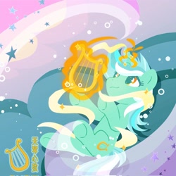 Size: 2048x2048 | Tagged: safe, alternate version, artist:brella, lyra heartstrings, pony, unicorn, g4, horn, lyre, magic, magic aura, musical instrument, smiling, solo, telekinesis