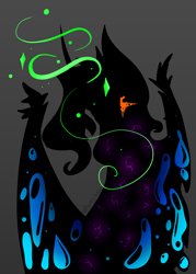 Size: 1394x1949 | Tagged: safe, artist:destiny_manticor, oc, oc only, oc:destiny manticor, alicorn, pony, claws, curly hair, curved horn, digital art, female, gradient background, horn, mare, no mouth, one eye open, silhouette, simple background, solo, sparkles, water drops, wing claws, wings