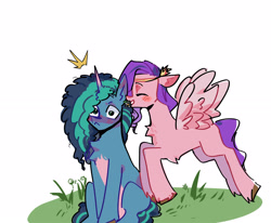 Size: 3321x2738 | Tagged: safe, artist:oznor, misty brightdawn, pipp petals, pegasus, pony, unicorn, g5, blushing, duo, duo female, female, flower, flower in hair, horn, lesbian, mare, ship:mistypetals, shipping, simple background, white background