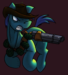 Size: 534x584 | Tagged: safe, artist:quicksilver1987, artist:suigin migasuto, oc, oc only, oc:p-21, earth pony, pony, fallout equestria, fallout equestria: project horizons, g4, belt, cowboy hat, earth pony oc, fanfic art, grenade, gritted teeth, gun, hat, persuasion (p-21's rifle), purple background, rifle, running, signature, simple background, teeth, weapon