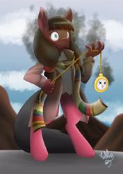 Size: 1754x2481 | Tagged: safe, artist:yukiko-snowflake, oc, oc:macdolia, anthro, chain whip, clothes, fourth doctor's scarf, malfunction, pigtails, pocket watch, scarf, smoke, striped scarf, surprised