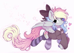 Size: 1024x738 | Tagged: safe, artist:lerkfruitbat, oc, oc only, oc:blazey sketch, pegasus, pony, bow, clothes, female, hair bow, long hair, long tail, mare, pegasus oc, simple background, socks, solo, striped socks, sweater, tail