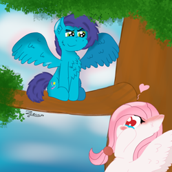Size: 2000x2000 | Tagged: safe, artist:zeccy, pegasus, pony, chest fluff, heart, heart eyes, tree, tree branch, wingding eyes