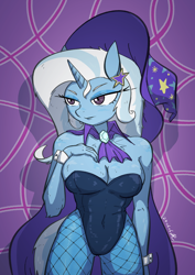 Size: 2480x3508 | Tagged: safe, artist:tastimelon, trixie, unicorn, anthro, bare shoulders, barrette, belly button, breasts, busty trixie, cape, cleavage, clothes, cuffs (clothes), fishnet clothing, fishnet pantyhose, fishnet stockings, hand on chest, hat, horn, leotard, pantyhose, solo, stockings, strapless, thigh highs, trixie's cape, trixie's hat