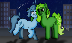 Size: 1440x864 | Tagged: safe, artist:thomas.senko, oc, oc:hexbits, oc:holopon, earth pony, blue eyes, blue mane, building, city, green eyes, green mane, happy, hug, night, stars