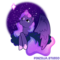 Size: 640x640 | Tagged: safe, artist:pinzillastudio, oc, oc only, alicorn, pony, g4, alicorn oc, cloud, colored wings, ethereal mane, eyeshadow, female, fusion, fusion:princess luna, fusion:twilight sparkle, fusion:twiluna, gauntlet, gradient mane, gradient wings, horn, lying down, lying on a cloud, magic, magic aura, makeup, night, on a cloud, purple, simple background, smiling, solo, sparkles, spread wings, stars, white background, wings