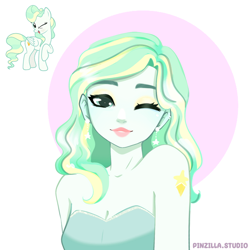 Size: 640x640 | Tagged: safe, artist:pinzillastudio, vapor trail, human, pegasus, pony, equestria girls, g4, clothes, cutie mark on human, ear piercing, earring, eyeshadow, female, humanized, jewelry, makeup, one eye closed, piercing, pony coloring, simple background, solo, stars, white background, wink