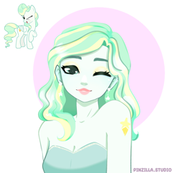 Size: 640x640 | Tagged: safe, artist:pinzillastudio, vapor trail, human, pegasus, pony, g4, adorasexy, alternative cutie mark placement, clothes, cute, cutie mark on human, ear piercing, earring, eyeshadow, female, humanized, jewelry, makeup, one eye closed, piercing, pony coloring, sexy, shoulder cutie mark, simple background, solo, stars, waifu material, white background, wink