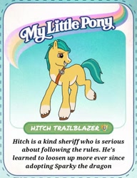 Size: 640x832 | Tagged: safe, artist:shucku, hitch trailblazer, earth pony, pony, g2, g5, base used, blaze (coat marking), card, coat markings, facial markings, g5 to g2, generation leap, male, sheriff's badge, smiling, socks (coat markings), solo