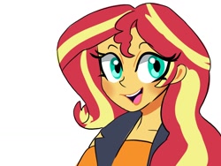 Size: 1024x768 | Tagged: safe, artist:jully-park, sunset shimmer, equestria girls, g4, my little pony equestria girls: better together, clothes, female, open mouth, open smile, simple background, smiling, solo, vest, white background