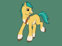 Size: 640x477 | Tagged: safe, artist:shucku, hitch trailblazer, earth pony, pony, g2, g5, base used, blaze (coat marking), coat markings, facial markings, g5 to g2, generation leap, green background, male, sheriff's badge, simple background, smiling, socks (coat markings), solo