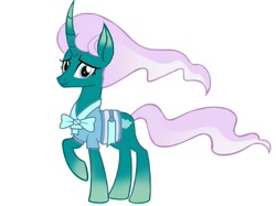 Size: 640x479 | Tagged: safe, artist:xenechun, edit, mistmane, pony, unicorn, g4, bow, clothes, ethereal mane, female, gradient ears, gradient horn, gradient legs, horn, palette swap, raised hoof, recolor, reverse colors, shirt, simple background, smiling, solo, white background, young mistmane