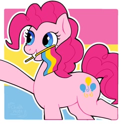 Size: 992x987 | Tagged: safe, artist:chalk_note, pinkie pie, earth pony, pony, cute, diapinkes, female, grin, mare, mouth hold, pansexual, pansexual pride flag, pride, pride flag, pride month, smiling, solo