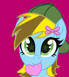 Size: 848x942 | Tagged: safe, artist:lucky bolt, artist:starshade, oc, oc only, oc:lucky bolt, pegasus, pony, backwards ballcap, base used, baseball cap, bow, bust, cap, cute, green eyes, hair bow, hat, heart, holiday, looking at you, portrait, smiling, smiling at you, solo, starry eyes, valentine's day, wingding eyes