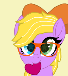 Size: 848x942 | Tagged: safe, artist:lucky bolt, artist:starshade, oc, oc only, oc:misty breeze, earth pony, pony, base used, bow, bust, cute, female, glasses, hair bow, hair over one eye, heart, heterochromia, holiday, looking at you, portrait, smiling, smiling at you, solo, valentine's day