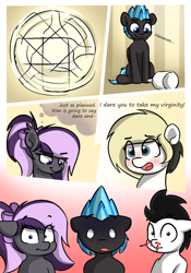 Size: 1400x2000 | Tagged: safe, artist:vipy, part of a set, oc, oc:nightwalker, oc:nimbus, oc:vipy, oc:whiteout, bat pony, earth pony, pegasus, pony, comic:dare after dare, comic, part of a series, simple background, truth or dare