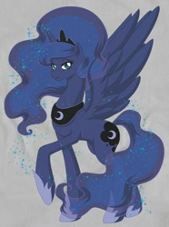 Size: 332x446 | Tagged: artist needed, safe, princess luna, alicorn, pony, g4, blue hair, blue mane, blue tail, dark blue body, dark blue coat, dark blue fur, dark blue pony, dark blue wings, design, ethereal hair, ethereal mane, ethereal tail, female, hoof shoes, luna's crown, mare, peytral, princess shoes, raised hoof, shirt design, smiling, solo, spread wings, tail, teal eyes, welovefine, wings