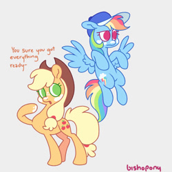 Size: 894x894 | Tagged: safe, artist:bishopony, part of a set, applejack, rainbow dash, earth pony, pegasus, pony, g4, applejack's hat, baseball cap, blonde mane, blonde tail, blue coat, cap, colored, colored eyelashes, cowboy hat, dialogue, duo, duo female, female, flat colors, flying, frown, gray background, green eyelashes, green eyes, hat, implied twilight sparkle, looking back, mare, multicolored hair, narrowed eyes, no catchlights, no pupils, offscreen character, open mouth, orange coat, orange text, pink eyes, ponytail, rainbow hair, rainbow tail, raised hoof, raised hooves, red eyelashes, signature, simple background, spread wings, standing, sunscreen, tail, talking, text, tied mane, tied tail, wings