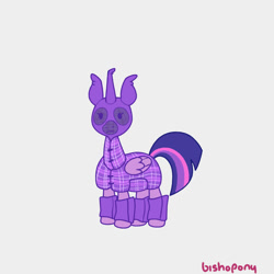 Size: 894x894 | Tagged: safe, artist:bishopony, twilight sparkle, alicorn, pony, g4, clothes, dot eyes, female, fly mask, folded wings, frown, gaiters, gray background, horn, jacket, long horn, mare, multicolored tail, purple coat, signature, simple background, solo, standing, straight tail, tail, three toned tail, tri-color tail, tri-colored tail, tricolor tail, tricolored tail, twilight sparkle (alicorn), unicorn horn, wat, wings