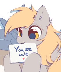 Size: 886x1048 | Tagged: safe, alternate version, artist:mirtash, derpy hooves, pegasus, pony, g4, :3, blonde mane, blonde tail, colored, colored sketch, cute, derpabetes, ear fluff, female, holding paper, mare, mouth hold, paper, positive message, positive ponies, raised hooves, shiny eyes, simple background, sketch, smiling, solo, tail, white background, wingding eyes, wip, yellow eyes