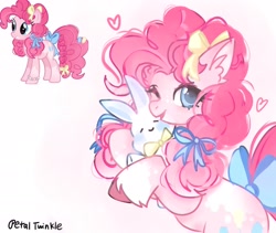Size: 2048x1726 | Tagged: safe, artist:petaltwinkle, pinkie pie, earth pony, pony, rabbit, g4, alternate design, animal, blue bow, blue eyes, bow, coat markings, colored hooves, colored pinnae, colored sketch, coquette, curly mane, curly tail, cute, diapinkes, ear fluff, eye clipping through hair, eyelashes, female, floating heart, freckles, hair accessory, hair bow, heart, holding a bunny, hoof hold, long mane, looking at you, mane accessory, mare, one eye closed, open mouth, open smile, pink coat, pink hooves, pink mane, pink tail, rearing, shiny eyes, signature, simple background, sketch, smiling, smiling at you, socks (coat markings), solo, tail, tail accessory, tail bow, unshorn fetlocks, white background, wingding eyes, wink, yellow bow
